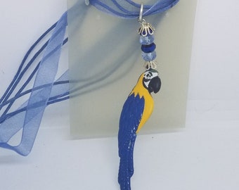 Necklace 2" Painted Blue Parrot Charm Blue Silver Beads Blue Ribbon Cord