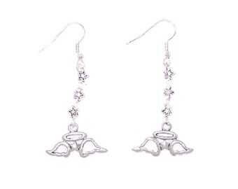 Earrings Angle Wings Charm Star shape and Clear beads Sterling Hook 2" Long