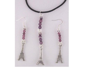 Necklace Earrings 3D Eiffel Tower Charms Brown Silver Beads Black Cord Sterling