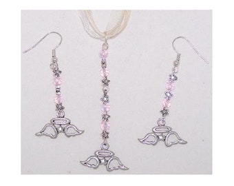 Necklace Earrings Angel Charm Pink White Beads Sterling Hook 2" Long Ribbon Cord
