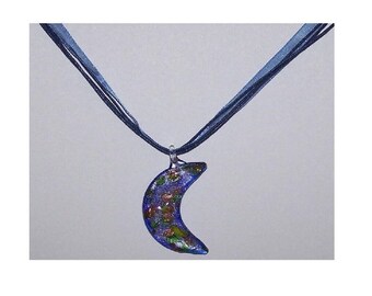 Necklace Blue Gold White Crescent Moon Glass Bead Blue Ribbon Cord