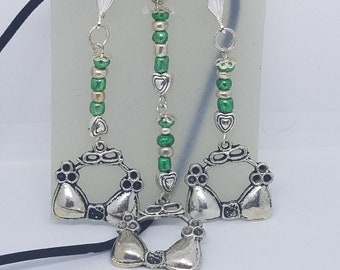 Necklace Earring Silver Bra Top 1/2 " Charm Silver Green Bead Black Leather Cord