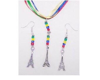 Necklace Earrings 3D Eiffel Tower Flat Charms Red Green Yellow Blue Ribbon Beads