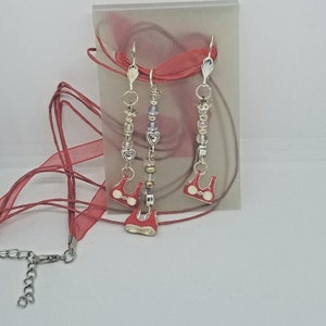 Necklace Earrings Bikini Bra Top 1/2 &quot; Charm Clear Silver Beads Red Ribbon Cord