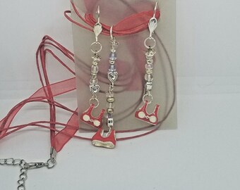 Necklace Earrings Bikini Bra Top 1/2 " Charm Clear Silver Beads Red Ribbon Cord