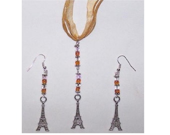 Necklace Earrings Eiffel Tower Charms Brown Silver Beads Brown Ribbon Sterling