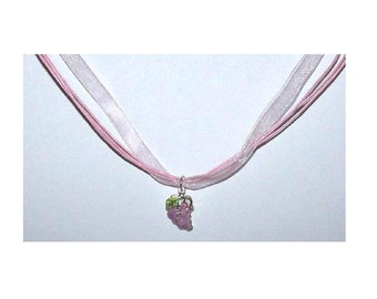 Necklace 1" Painted Grape Cluster Charm Pink Ribbon Cord
