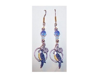 Boucles d'oreilles Perroquet Bleu Charm Fleurs Bleu Argent Perle Caps 2" de long Sterling Crochet