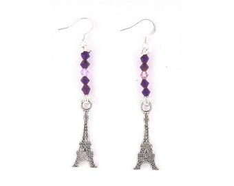 Earrings Eiffel Tower Charms Purple Pink Beads Sterling Hooks 2" Long