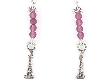 Earrings Eiffel Tower Charms Brown Silver Beads Sterling Hooks 2" Long