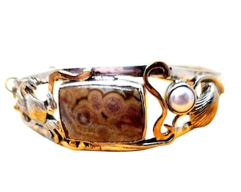 Armband oceaanjaspisparel sterlingzilver 14 kt gouden accenten krab, schelp,