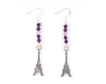 Earrings Eiffel Tower Charms Purple Pink Beads Sterling Hooks 2" Long