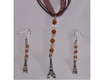 Necklace Earrings 3D Eiffel Tower Charms Brown Clear Beads Brown Ribbon Sterling