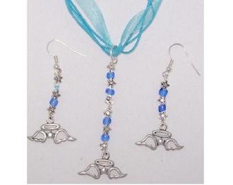 Necklace Earrings Angel Charm Blue Star Beads Sterling Hook 2" Long Ribbon Cord