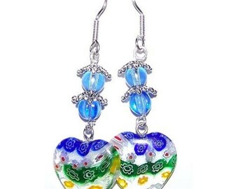 Earrings Heart Shaped Glass Blue Green Yellow Flowers Blue Silver Beads 2" Long