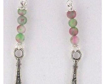Earrings Eiffel Tower Charms Green Pink Beads Sterling Hooks 2" Long