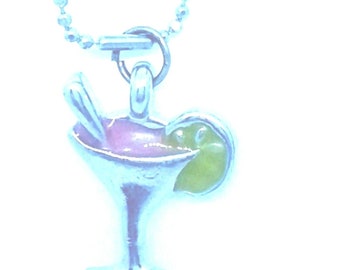 Necklace Drink Glass Pink Margarita Lime Straw 1 " Tall Charm Sterling Chain