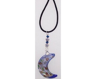 Necklace Blue Gold White Crescent Moon Glass Bead Blue Tip Black Velvet Cord