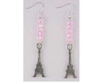 Earrings Eiffel Tower Charms Pink Opalecent Beads Sterling Hooks 2" Long