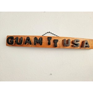 Wood Sign Wine Stave says &quot;Guam USA  &quot;, Letters, Lotta Stones Cut from Stave