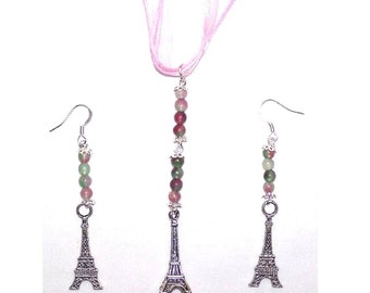 Necklace Earrings Eiffel Tower 1" Charm Green Pink Brown Beads Pink Ribbon Cord