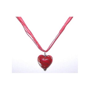 Necklace Big Red Heart 1 1/2&quot; Gold Swirls Red Organza Ribbon Cord