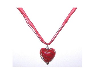 Necklace Big Red Heart 1 1/2" Gold Swirls Red Organza Ribbon Cord