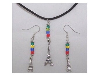 Necklace Earrings 3D Eiffel Tower Charms Red Green Yellow Blue Beads Black Cord