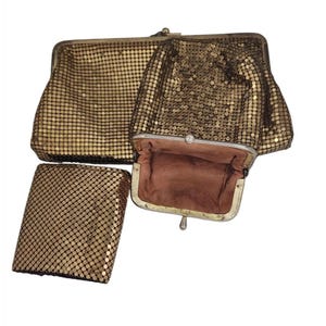 Purse 3 piece set  Whiting & Davis Vintage Gold Mesh Bag Change Purse Money ,Cigarette Case