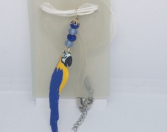 Necklace 2" Painted Blue Parrot Charm Blue Silver Beads White Ribbon Cord