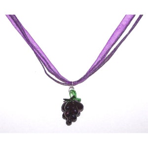 Necklace Purple Glass Grape Bead Green Leaves Glass Bead Purple Ribbon Cord
