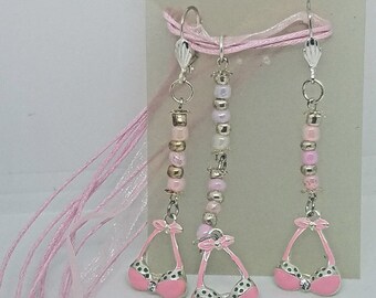 Necklace Earrings Bikini Bra Top 1/2 " Charm Pink Silver Beads Pink Ribbon Cord