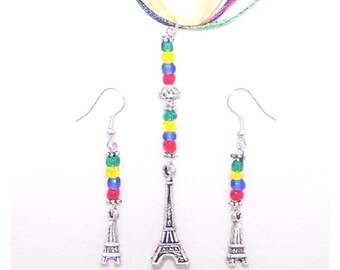 Necklace Earrings 3D Eiffel Tower Charms Red Green Yellow Blue Ribbon Cord Beads