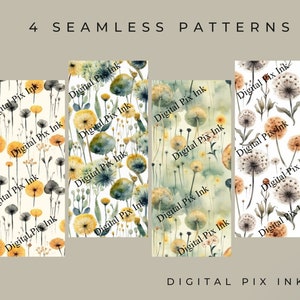 Dandelion Fields - Beautifully 4 pk Seamless Patterns for Creative Crafting Projects. Instantly Downloadable.