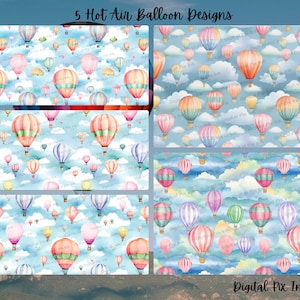 5 Vibrant Watercolor Hot Air Balloons Seamless Patterns - Ideal for Children&#39;s Room Decor and Crafting Projects
