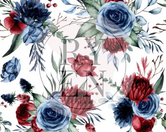 Red White and Blue Floral Digital Download Seamless File
