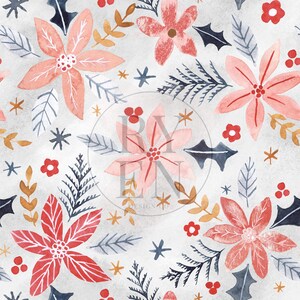 Pode incluir: Um padrão sem costura com ilustrações de aquarela de flores de poinsettia rosa e vermelhas, folhas douradas e azuis e estrelas brancas sobre um fundo cinza claro.