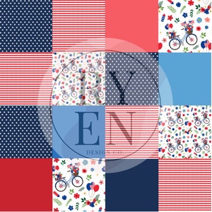 May include: A digital paper pack with 10 different patterns featuring red, white, and blue colours. The patterns include stars, stripes, bicycles, flowers, and balloons. The text "TRY EN DESIGN CO." is in the centre of the image.
