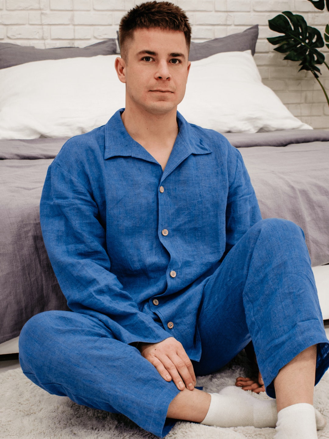 Blue Classic Soft Linen Pyjama Set Unisex Sleep in Etsy