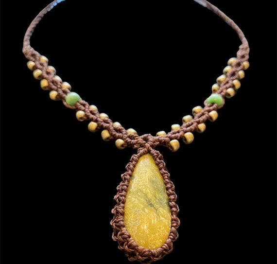 Handmade Crochet Choker Necklace, Serpentine Crystal Stone, Bohemian