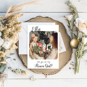 Plantilla de tarjeta de propuesta de niña de flores moderna, minimalista imprimible ¿Serás mi dama de honor, tarjeta de niña de flores, regalo de hija, carta de boda?