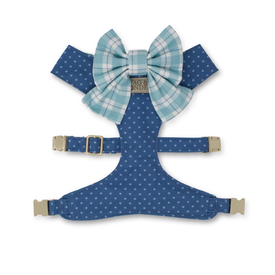 Polka Dot Denim Blue Dog Harness Boy, Reversible Dog Harness With Bow