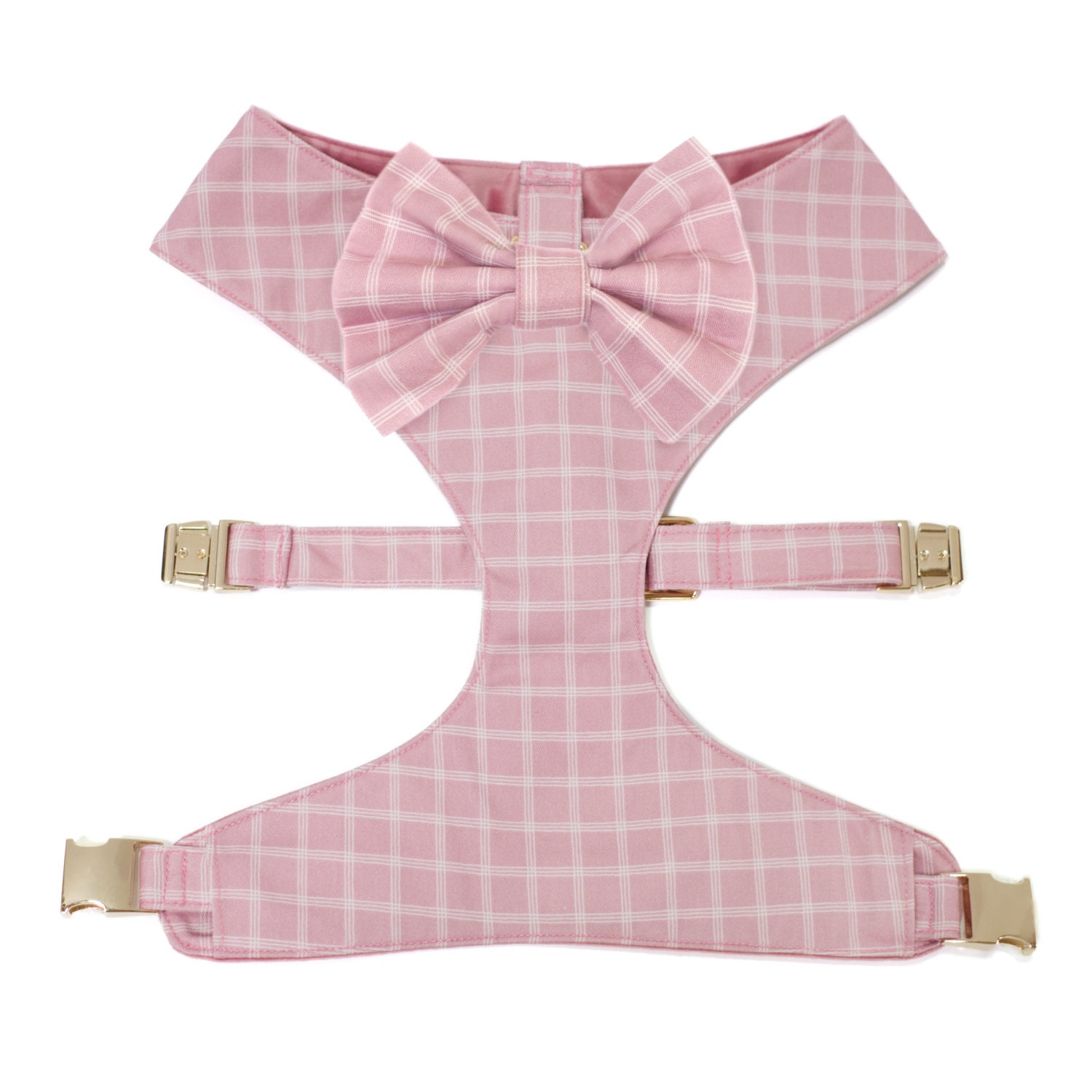 Pink & White Plaid and Velvet Dog Harness With Bowtie, Luxury Dog Pink & White Plaid and Velvet Dog Harness With Bowtie, Luxury Dog