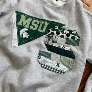 May include: A gray sweatshirt with a green and white "MSU" pennant patch and a large, decorative "S" patch. The "S" is made of various green and white patterned fabrics. The sweatshirt has a crew neck.