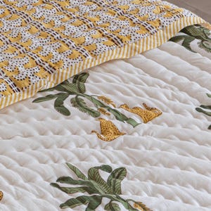 Hand Block Print Kantha Quilt, Reversible Indian Cotton Bedding, Palm Animal Motif