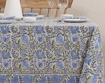 Niebiesko-biały bawełniany obrus z nadrukiem w bloki kwiatowe, dekoracja jadalni w Dżajpurze