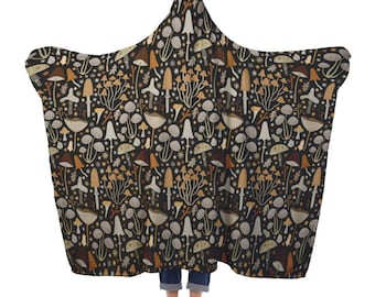 Mushroom Cottagecore Hooded Blanket Mushroom Print Hooded Blanket Boho Hooded Blanket Snuggle Blanket Fleece or Sherpa Lined 80" x 60"
