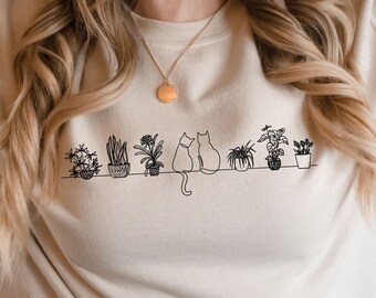 Two Cats and Plants Sweatshirt, Gardener Shirt, Gardening Shirt, Cat Lover Shirt