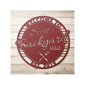 personalized metal BBQ sign custom backyard BBQ sign outdoor metal barbecue sign metal barbeque sign welcome to backyard sign wall mounted metal sign fork and spatula sign
