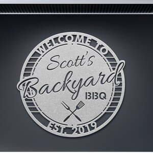 personalized metal BBQ sign custom backyard BBQ sign outdoor metal barbecue sign metal barbeque sign welcome to backyard sign wall mounted metal sign fork and spatula sign